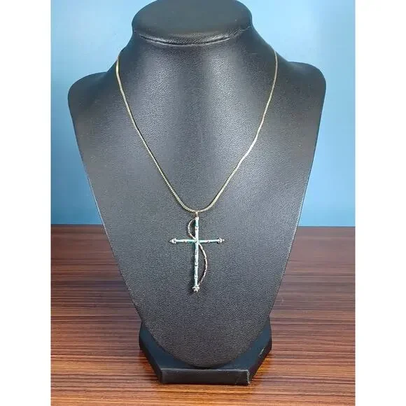 Vintage 925 Turquoise Cross & Chain Native American Southwestern Beauty Necklace - Picture 14 of 16
